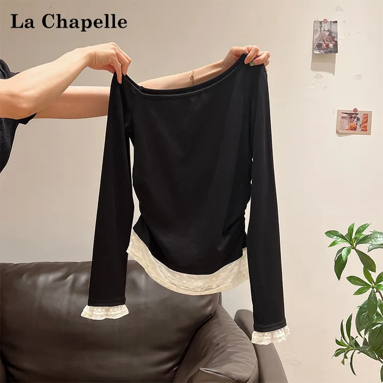 拉夏贝尔性感露肩拼接蕾丝假两件长袖T恤女2025秋季新款修身上衣