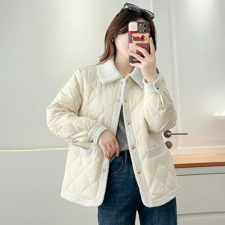 大码女装菱格纹棉服女撞色翻领宽松显瘦胖mm减龄休闲棉衣洋气外套