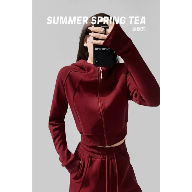 【夏春茶设计】版纯欲加绒连帽拉链卫衣外套女秋冬显瘦运动短款卫衣