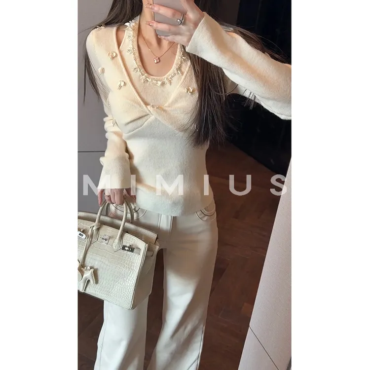 【mimius】P 重工钉珠亮片挂脖假两件羊毛针织衫 WG11102