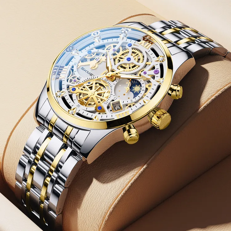 时刻美男士雕刻镂空假机械表男款钢带石英表跨境商务石英