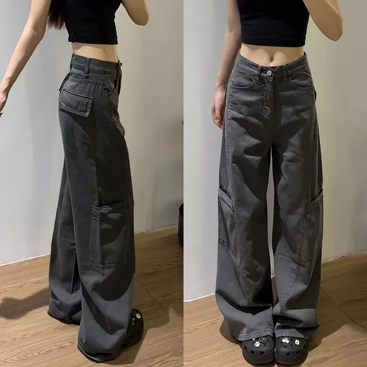 灰色工装裤女2025新款大码胖mm高腰显瘦宽松直筒垂感拖地阔腿裤子