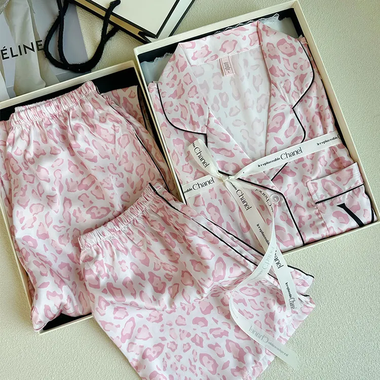 维多利亚豹纹三件套冰丝睡衣女士家居服套装送女友情人节生日礼物