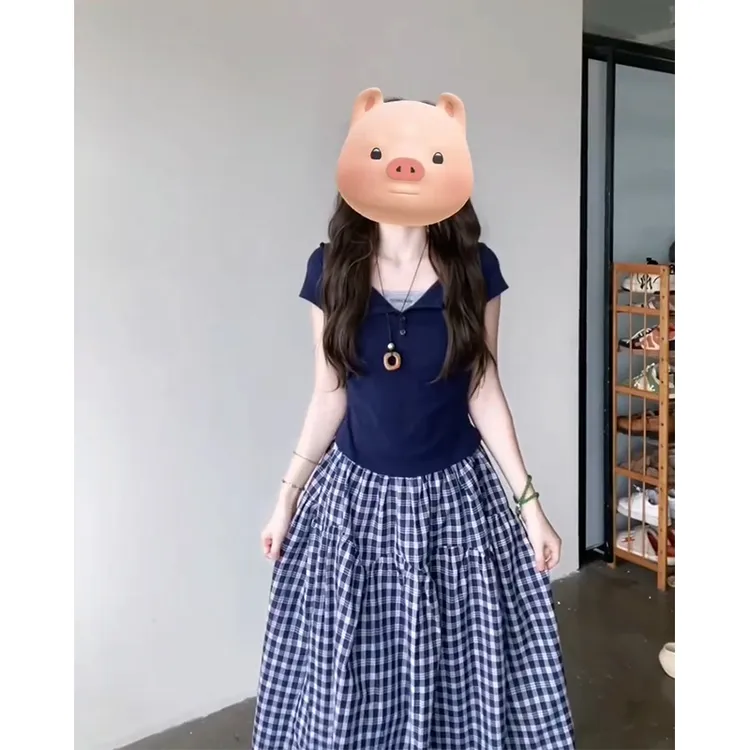 2025夏季新款女韩系穿搭翻领百搭T恤上衣气质高腰显瘦格纹半身裙