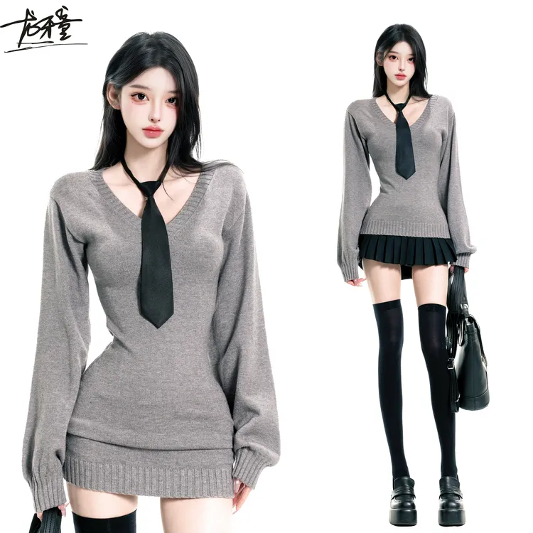 龙牙童推荐【自留实穿】春秋冬基础针织连衣裙上衣纯欲风女士长袖