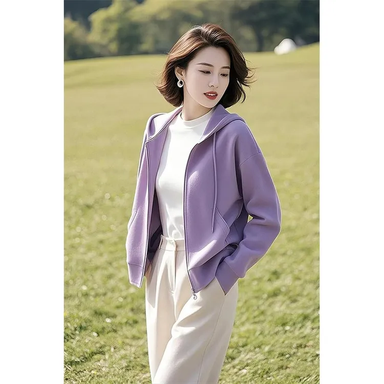 2025春秋新款紫色连帽女装外休闲宽松设计感小众百搭简约短款上衣