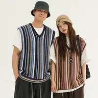 青式【竖纹北极绒彩色毛衣背心】休闲宽松复古针织衫上衣男女同款潮