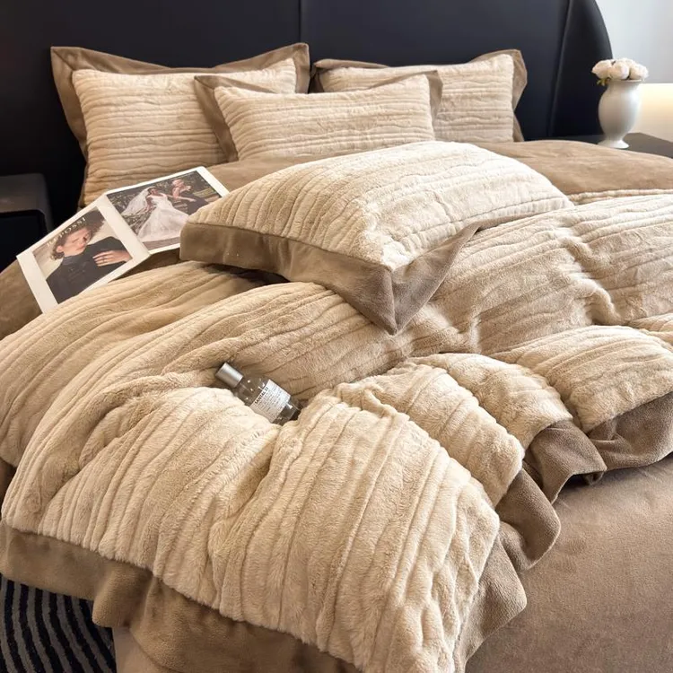 轻奢风牛奶绒四件套双面加厚珊瑚绒皮草绒床单笠被套高档床品