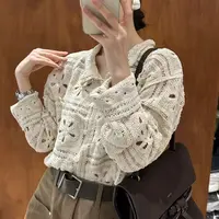 秋季女翻领针织镂空纯色毛针织衫时尚小香风宽松百搭