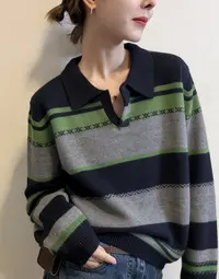 韩版撞色条纹polo领毛衣针织衫秋冬季新款女松弛感休闲毛衣女Q72