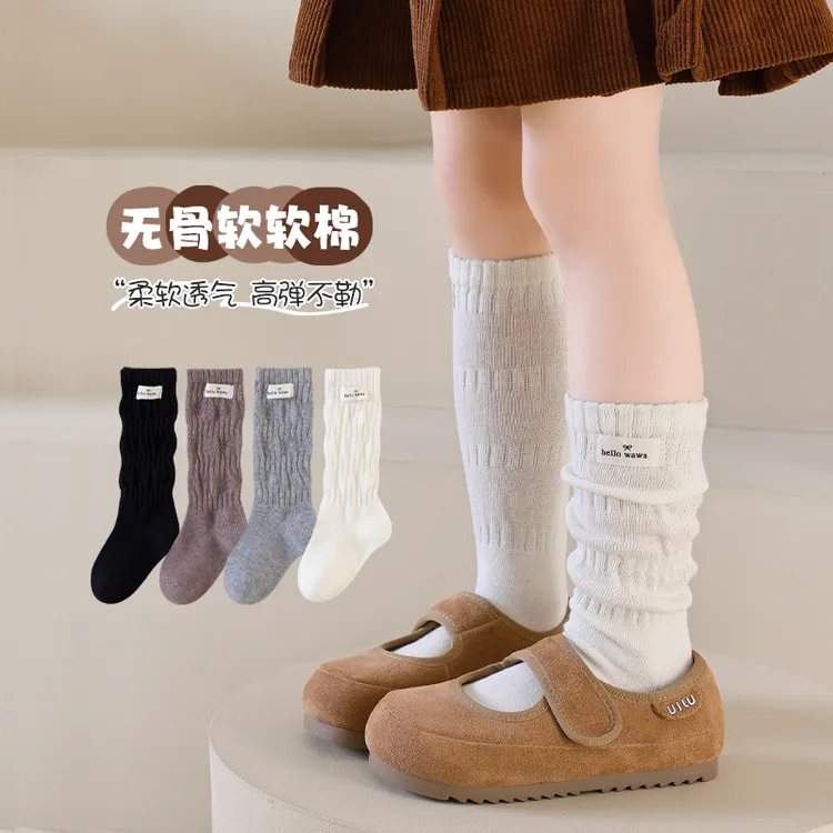 女童袜子春秋季韩版ins布标纯色小腿袜儿童秋冬季无骨公主长筒袜