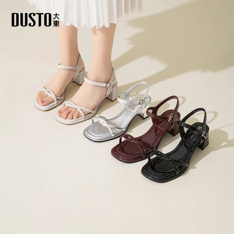 大东细带中跟凉鞋2025夏季新款气质增高方头粗跟一字带高跟鞋0554
