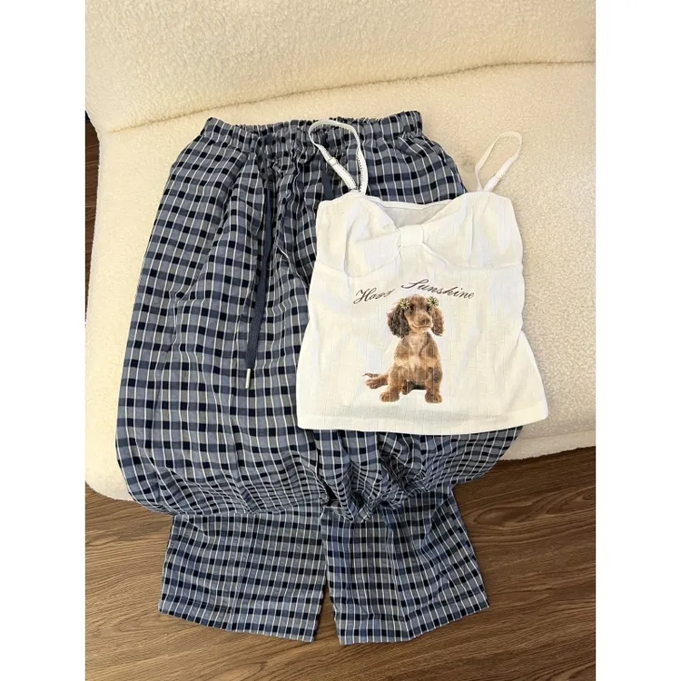 韩版新款可爱小泰迪印花吊带睡衣女款2025年夏季格子长裤居家套装