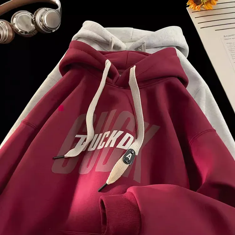 250g重磅硬挺酒红色卫衣男款春秋美式潮牌青少年秋冬加绒连帽外套