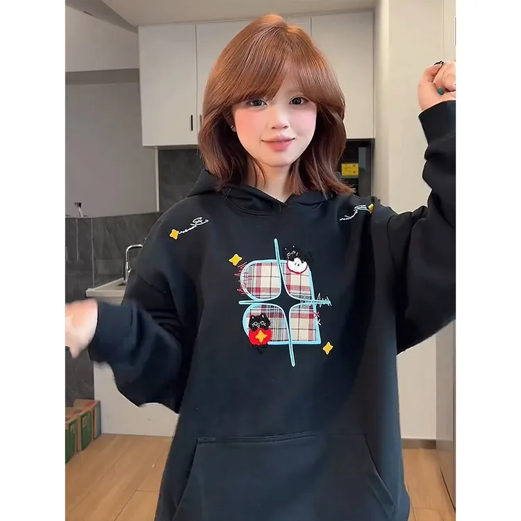 美式复古字母刺绣加绒连帽卫衣男女潮流情侣款宽松帽衫上衣#WY176