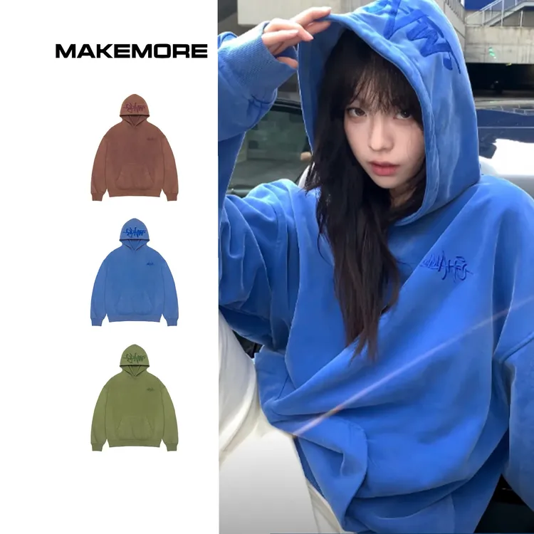 Makemore卫衣男秋季重磅棉水洗刺绣蓝色美式潮流情侣连帽上衣情侣