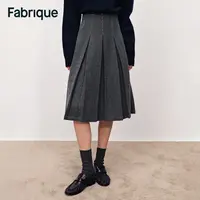 Fabrique Ava 秋冬新品烟灰色绵羊毛呢手绣明线学院风百褶半裙