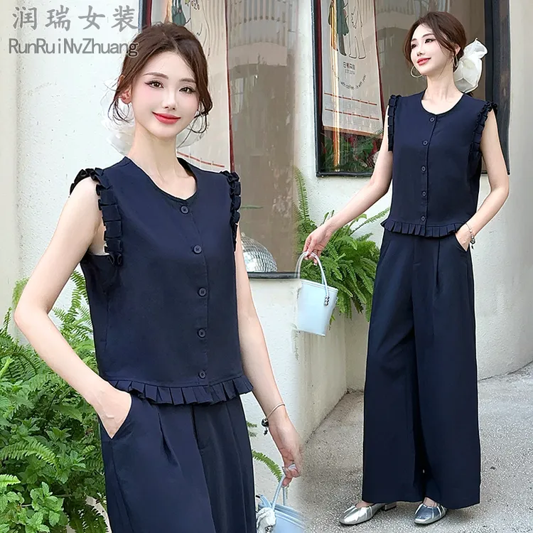 时尚减龄套装女2025夏季新款妈妈慵懒风宽松无袖上衣阔腿裤两件套