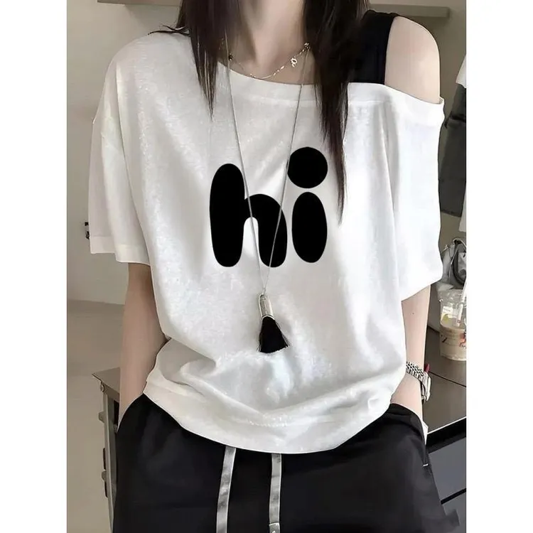 大码胖妹妹韩版斜肩吊带撞色字母印花短袖t恤女夏季宽松显瘦上衣