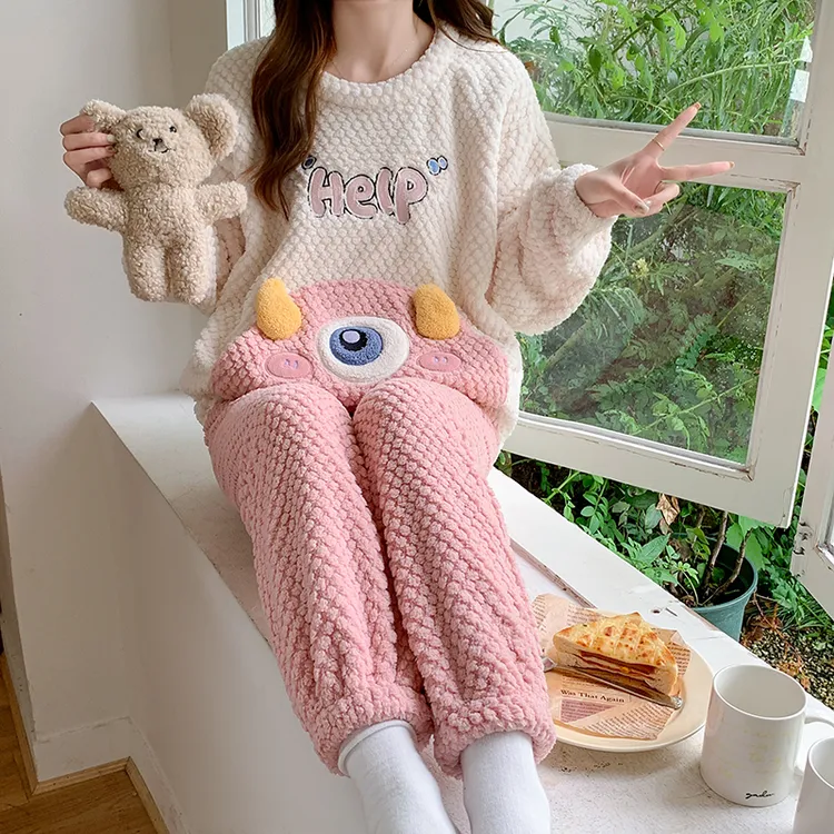 松紧带短裙冬季女睡衣家居服套装大码韩版可爱秋冬季套装