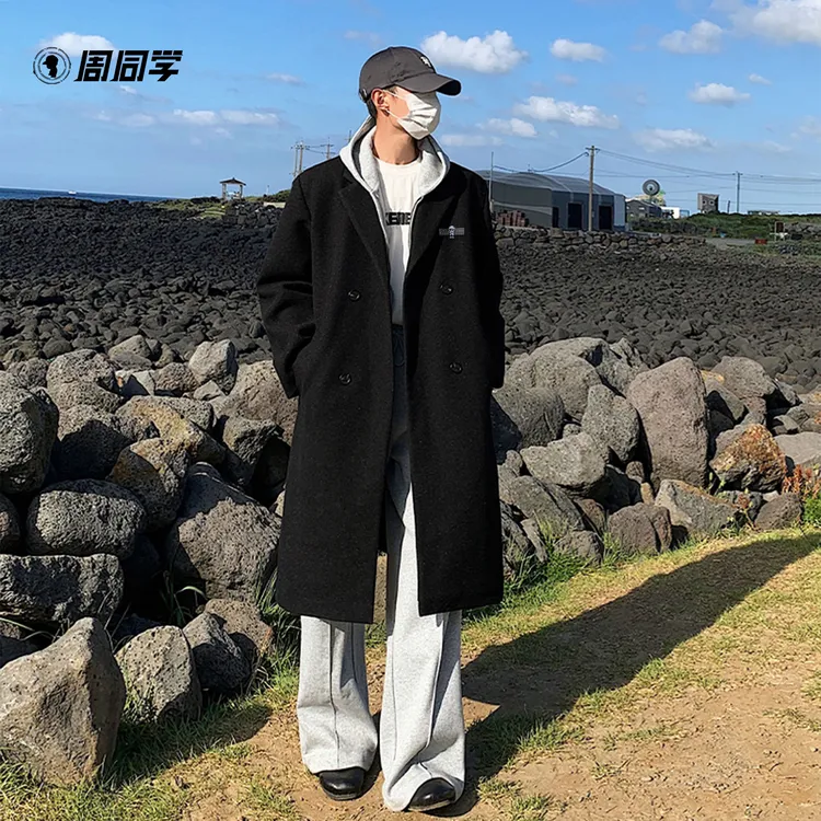 周同学周杰伦【氛围感黑色韩版呢子外套】大衣冬天加厚瘦ins呢子