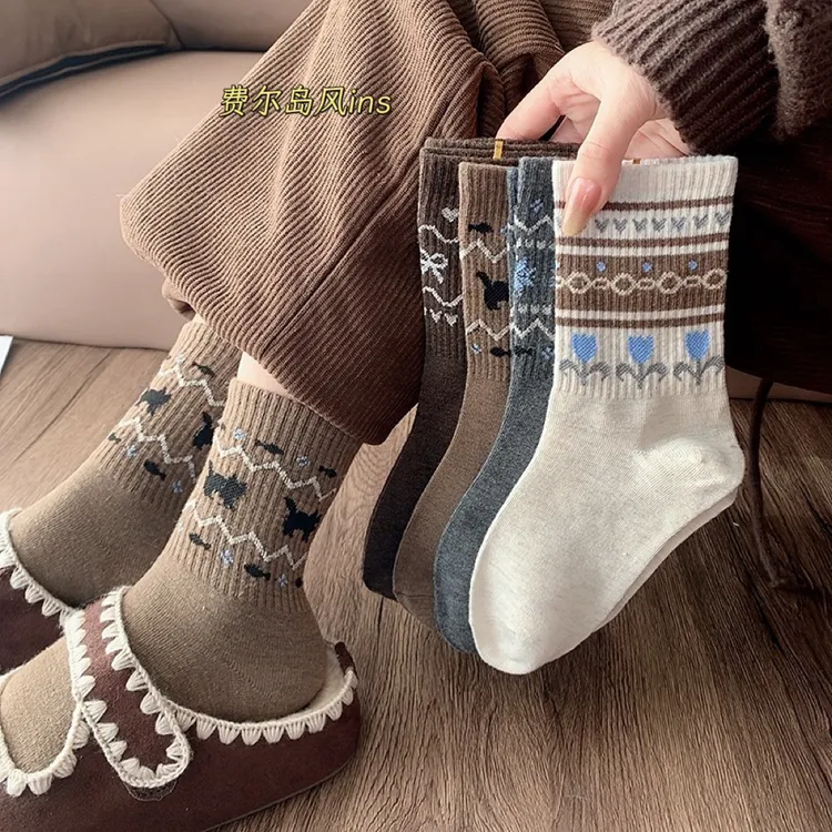 秋冬保暖民族风费尔岛袜子女士中筒袜堆堆袜加绒加厚百搭潮流女袜