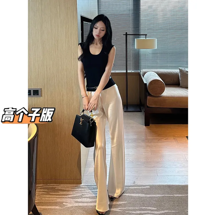 裤长112cm高个子加长香槟色醋酸缎面丝滑直筒裤女夏季阔腿休闲裤