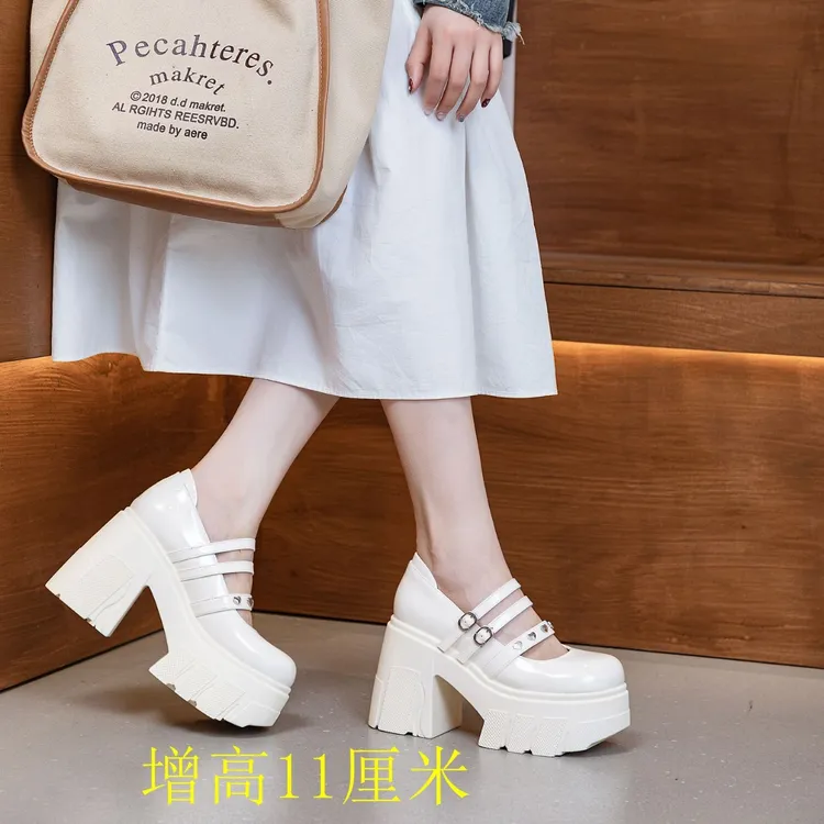 小个子公主甜美学生鞋玛丽珍粗高跟厚底新款浅口小皮鞋松糕底白色