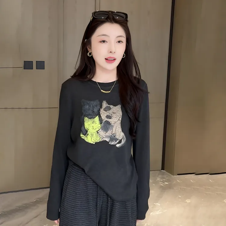 韩系时尚圆领长袖t恤女2025新款秋季减龄卡通猫咪休闲打底衫上衣