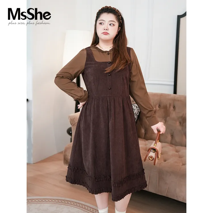 MsShe大码女装2025新款秋冬装假两件欧棉绒中长连衣裙D~F2509023