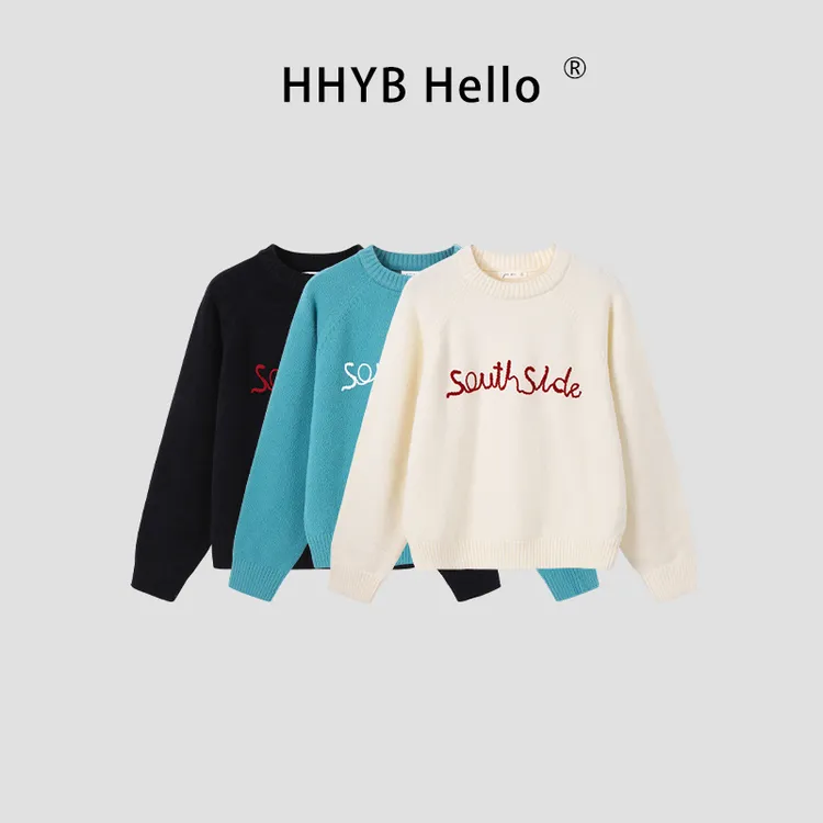 HHYB Hello绒感字母绣花毛衣女2025新款秋冬圆领套头卫衣M1355