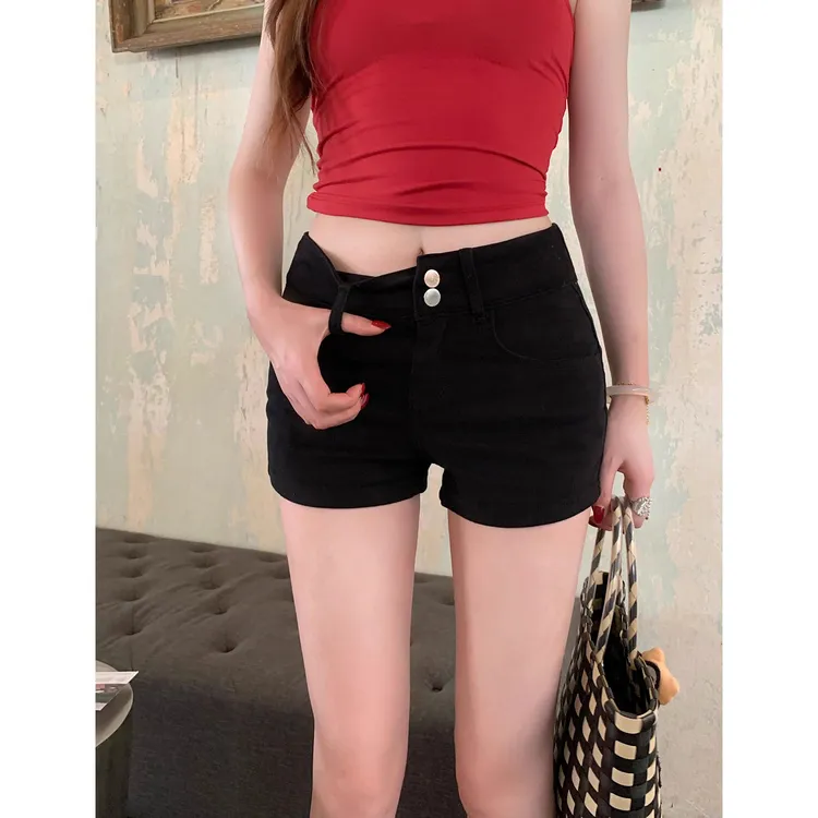 大码黑色复古水洗休闲牛仔短裤女夏季高腰辣妹修身白色包臀热裤潮