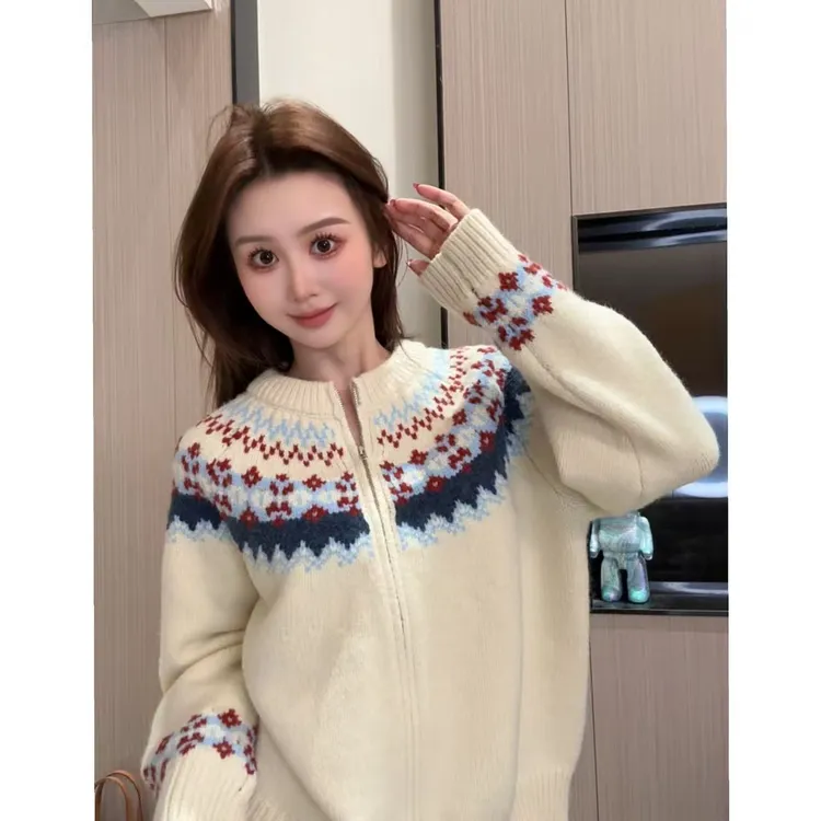 费尔岛提花圆领拉链毛衣外套女秋冬季韩系显瘦百搭针织开衫