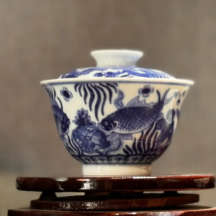 纯手绘鱼纹盖碗茶具寓意吉祥容量150cc