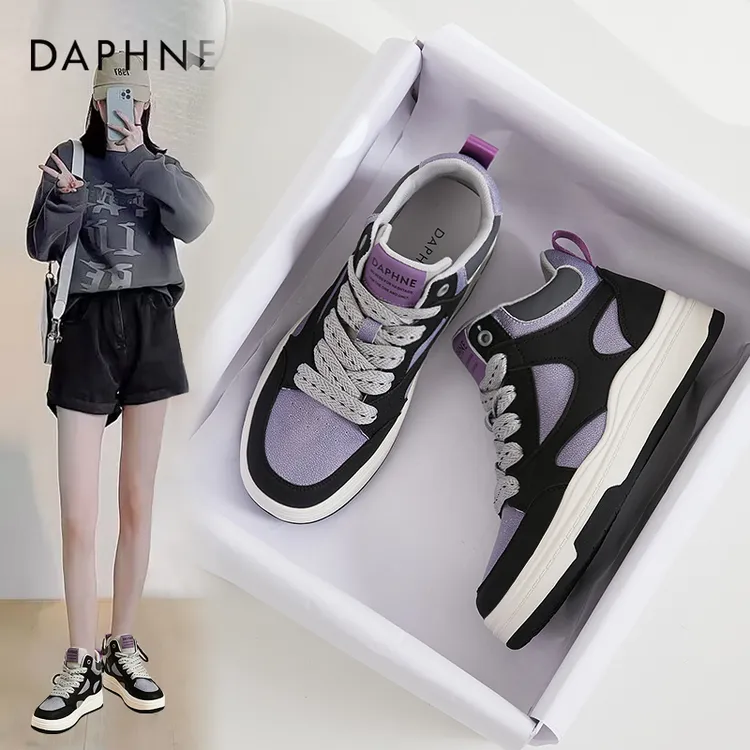 达芙妮厚底高帮休闲板鞋2025冬季新款拼色系带鞋时尚百搭舒适女鞋