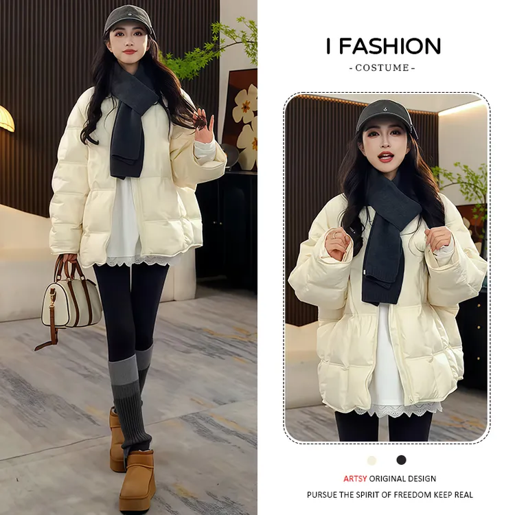 时尚加厚保暖棉服女2025年冬季新款简约纯色宽松洋气高级棉衣外套