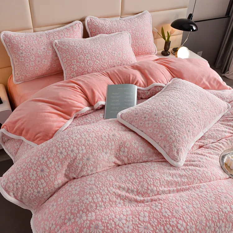 A类雕花牛奶绒四件套加厚保暖床单被套双面绒床上用品冬加绒加密