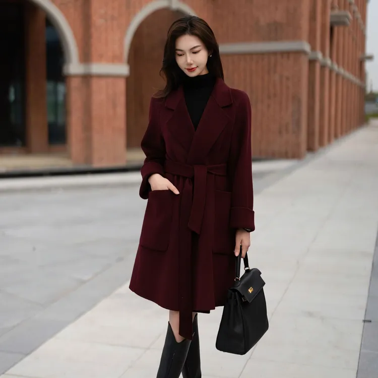 短款浴袍式山羊绒羊毛双面呢时尚显瘦中长款秋冬红色小个子大衣