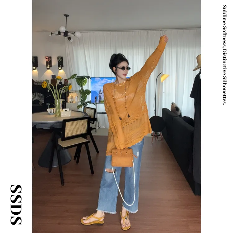 SSDS时尚休闲早秋新款亚麻镂空提花圆领宽松慵懒针织罩衫上衣女