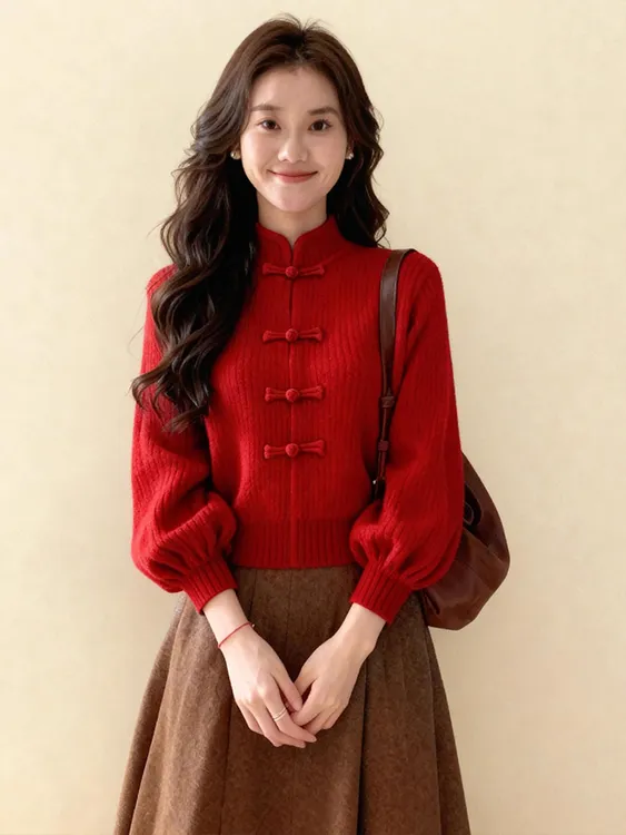 新中式时尚立领盘扣针织衫女2025秋冬新款红色氛围感国风打底毛衣