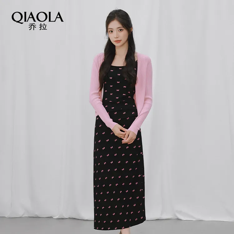 QIAOLA/乔拉【蝶岸物语】夏季针织蝴蝶结收腰显瘦A版开衫连衣裙