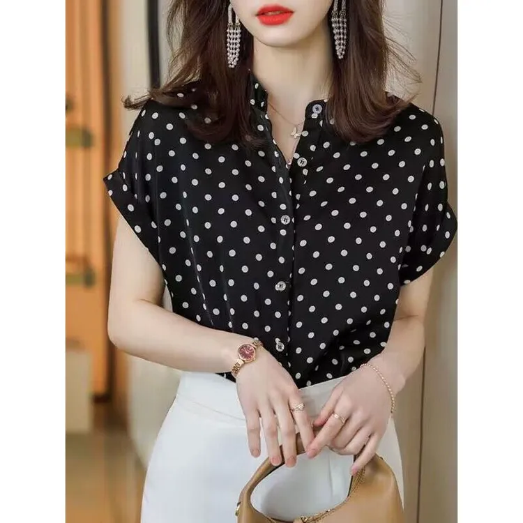 哥弟阿玛施正2025夏新款雪纺衫立领波点衬衣短袖衬衫时尚上衣短袖