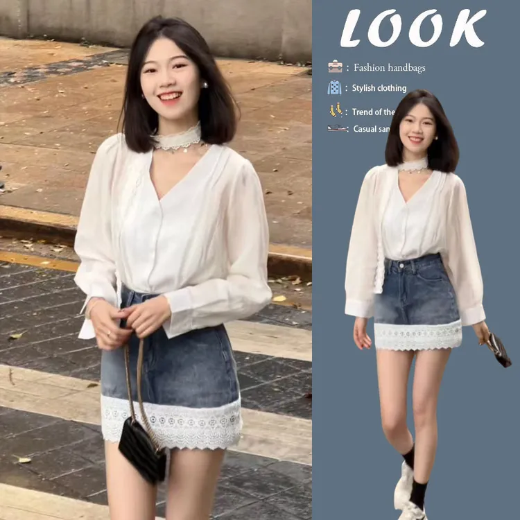 时尚穿搭女2025春季新款韩版通勤百搭衬衫设计高腰牛仔短裙两件套