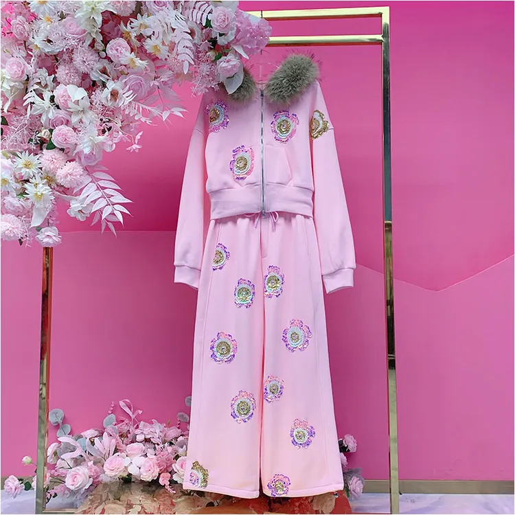 A5160欧美设计师2025冬季新款重工钉珠刺绣亮片花内加绒毛领套装