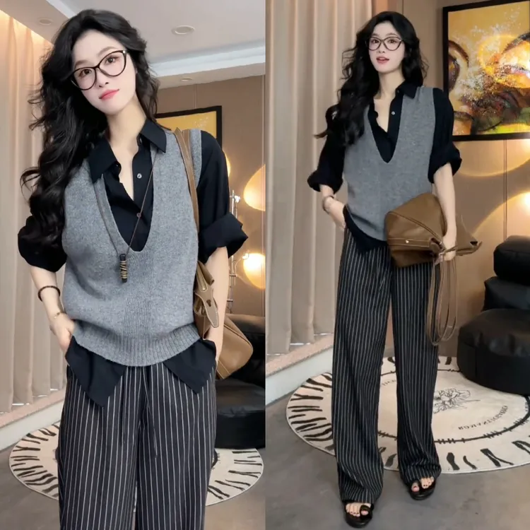 2025年早秋新款网红时尚马甲衬衫阔腿裤气质穿搭时尚减龄三件套装