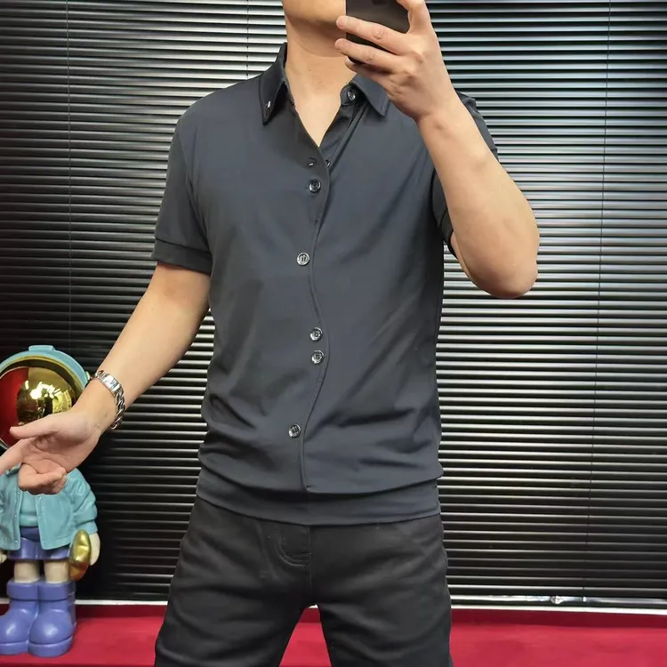 ST定制2025高品质欧货弹力男士休闲时尚修身冰丝净版薄衬衫6005