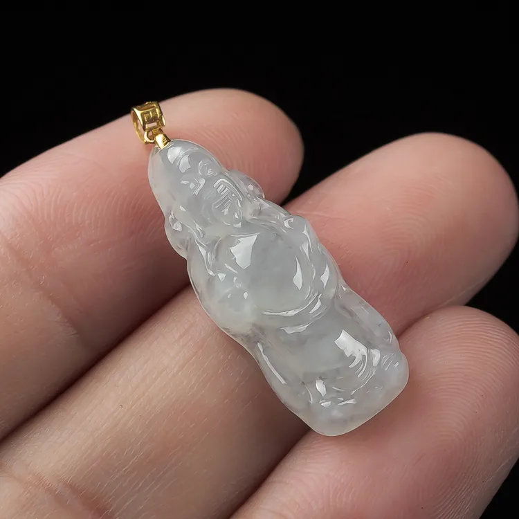 18K金镶翡翠迷你小财神吊坠 天然缅甸玉石女士精致挂件