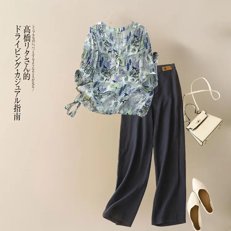 妈妈夏装时髦巨显瘦高级感休闲印花衬衫高腰休闲直筒裤子两件套女