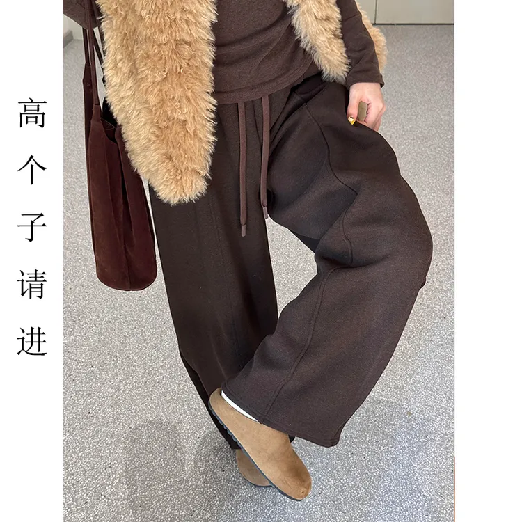 裤长112cm高个子加长咖色阔腿裤女秋冬加绒直筒宽松显瘦休闲卫裤