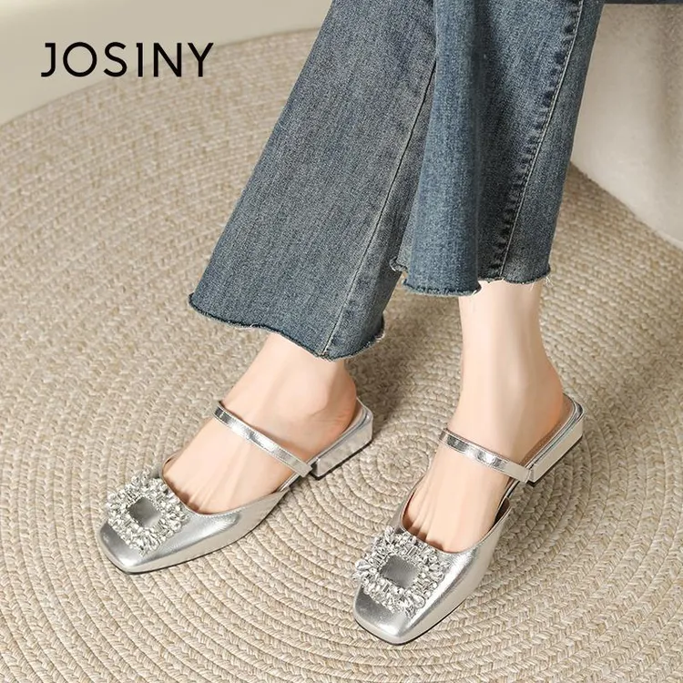 卓诗尼法式软皮水钻包头半拖鞋女外穿高级感夏季新款粗跟玛丽珍鞋